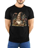 Woodland Gnome Nature Cottagecore Art Graphic Tee Shirt - model wearing black tee with hands behind back