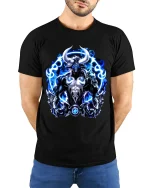 Blue Flame Minotaur Power Fantasy Art Graphic Tee Shirt - model wearing black tee with hands behind back