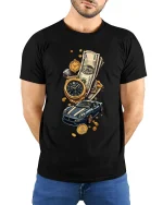 Luxury Wealth Lifestyle Gold Watch Supercar Money Graphic Tee Shirt - model wearing black tee with hands behind back