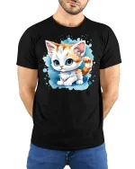 Cute Big Eyed Kitten Cartoon Art Adorable Graphic Tee Shirt - model wearing black tee with hands behind back