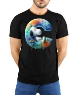 Cute Snoopy Style Letter C Art Dreamy Cartoon Graphic Tee Shirt - model wearing black tee with hands behind back