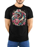 Fierce Japanese Dragon Skull Floral Tattoo Art Graphic Tee Shirt - model wearing black tee with hands behind back