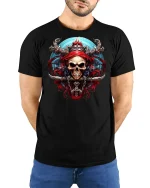 Pirate Skull Warrior Dark Fantasy Art Graphic Tee Shirt - model wearing black tee with hands behind back