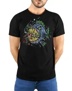 Savage Deep Sea Monster Skull Graphic Tee Shirt - model wearing black tee with hands behind back