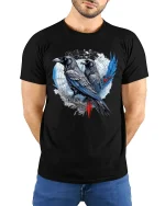 Mystic Raven Duo Dark Gothic Art Graphic Tee Shirt Design - model wearing black tee with hands behind back