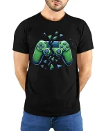 Broken Game Controller Rage Mode Graphic Tee Shirt Style - model wearing black tee with hands behind back