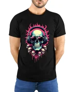 Flaming Skull DJ Headphones Neon Art Graphic Tee Shirt - model wearing black tee with hands behind back