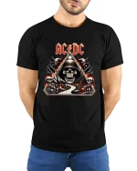 AC DC Skull Highway To Hell Rock Art Graphic Tee Shirt - model wearing black tee with hands behind back