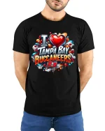 I Love Tampa Bay Buccaneers Bold Fan Pride Graphic Tee Shirt - model wearing black tee with hands behind back