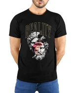 Reality Split Human Ape Philosophy Art Graphic Tee Shirt - model wearing black tee with hands behind back