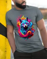 Colorful Wolf Spirit Rainbow Art Graphic Tee Shirt Design - model wearing grey tee, leaning on column