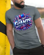 I Love New York Giants Bold Fan Pride Graphic Tee Shirt - model wearing grey tee, leaning on column