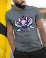 Cute Pastel Bat Kawaii Fantasy Art Graphic Tee Shirt - model wearing grey tee, leaning on column