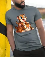 Cute Baby Tiger Stack Playful Cartoon Art Graphic Tee Shirt - model wearing grey tee, leaning on column