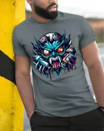 Cyberpunk Monster Graffiti Street Art Graphic Tee Shirt - model wearing grey tee, leaning on column