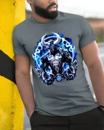 Blue Flame Minotaur Power Fantasy Art Graphic Tee Shirt - model wearing grey tee, leaning on column