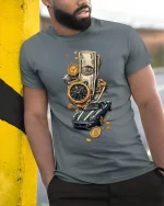 Luxury Wealth Lifestyle Gold Watch Supercar Money Graphic Tee Shirt - model wearing grey tee, leaning on column