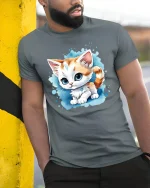 Cute Big Eyed Kitten Cartoon Art Adorable Graphic Tee Shirt - model wearing grey tee, leaning on column