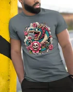 Fierce Japanese Dragon Skull Floral Tattoo Art Graphic Tee Shirt - model wearing grey tee, leaning on column