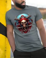 Pirate Skull Warrior Dark Fantasy Art Graphic Tee Shirt - model wearing grey tee, leaning on column