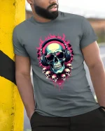 Flaming Skull DJ Headphones Neon Art Graphic Tee Shirt - model wearing grey tee, leaning on column