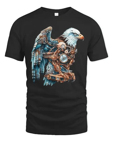 Steampunk Mechanical Eagle Art Graphic Tee Shirt Design - black t-shirt on white background