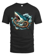 Fierce Ocean Shark Wheel Graphic Tee With Nautical Power - black t-shirt on white background