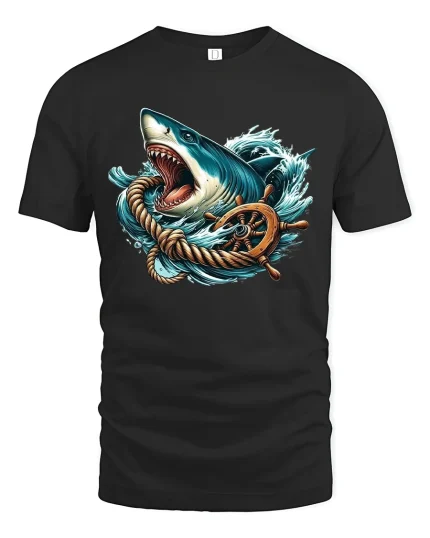 Fierce Ocean Shark Wheel Graphic Tee With Nautical Power - black t-shirt on white background