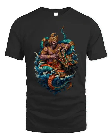 Mythic Monkey King Dragon Battle Graphic Tee With Legendary Power - black t-shirt on white background