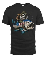 Skeleton Fishing Riding Giant Fish Graphic Tee With Dark Humor - black t-shirt on white background