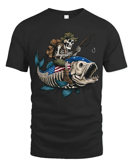 Skeleton Fishing Riding Giant Fish Graphic Tee With Dark Humor - black t-shirt on white background