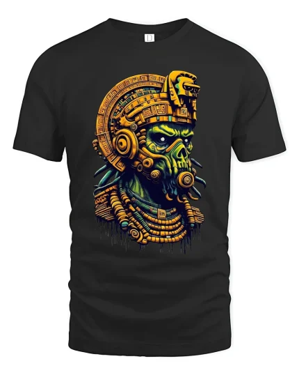 Aztec Skull Warrior Graphic Tee With Mythic Cyber Style - black t-shirt on white background