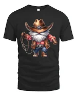 Funny Cowboy Gnome Graphic Tee With Western Charm Style - black t-shirt on white background