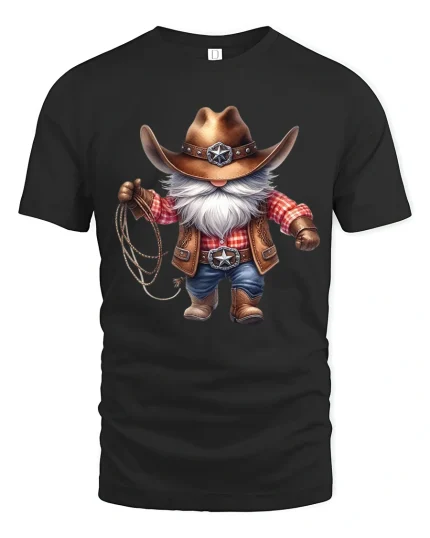 Funny Cowboy Gnome Graphic Tee With Western Charm Style - black t-shirt on white background