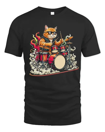Funny Rock Drummer Cat Graphic Tee With Cool Music Vibes - black t-shirt on white background