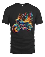Flaming Neon Motorcycle Graphic Tee With Psychedelic Street Art - black t-shirt on white background