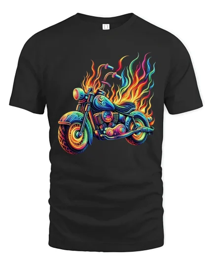 Flaming Neon Motorcycle Graphic Tee With Psychedelic Street Art - black t-shirt on white background