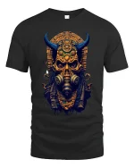Dark Tribal Demon Skull Graphic Tee With Ancient Cyber Energy - black t-shirt on white background
