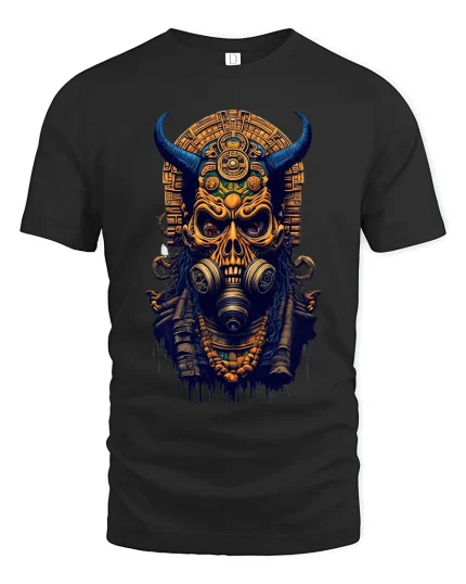 Dark Tribal Demon Skull Graphic Tee With Ancient Cyber Energy - black t-shirt on white background