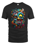 Colorful Abstract Face Graphic Tee With Bold Urban Art Energy - black t-shirt on white background