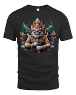 Mythic Guardian Deity Graphic Tee With Powerful Fantasy Art Style - black t-shirt on white background