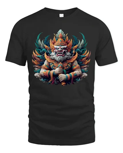 Mythic Guardian Deity Graphic Tee With Powerful Fantasy Art Style - black t-shirt on white background