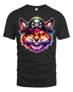 Pirate Fox Graphic Tee With Colorful Mischief And Bold Fantasy Art - black t-shirt on white background