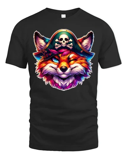 Pirate Fox Graphic Tee With Colorful Mischief And Bold Fantasy Art - black t-shirt on white background