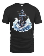 Nautical Anchor Graphic Tee With Ocean Waves And Timeless Sea Power - black t-shirt on white background