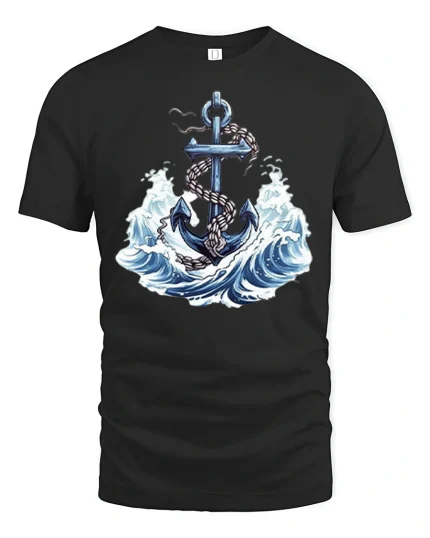 Nautical Anchor Graphic Tee With Ocean Waves And Timeless Sea Power - black t-shirt on white background
