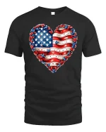 American Flag Heart Graphic Tee With Patriotic Love Style - black t-shirt on white background