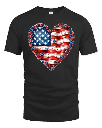 American Flag Heart Graphic Tee With Patriotic Love Style - black t-shirt on white background