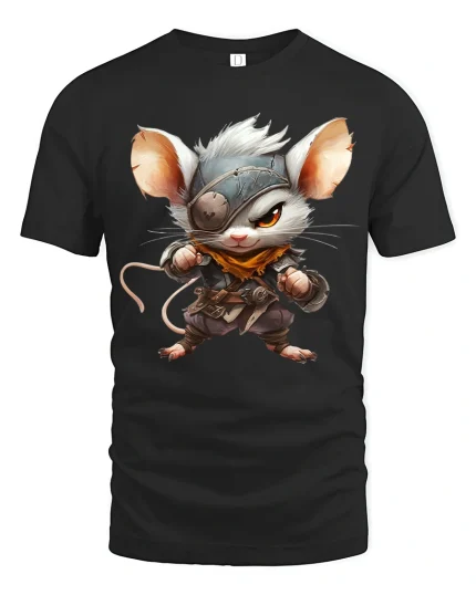 Cute Warrior Mouse Fantasy Character Art Graphic Tee Shirt - black t-shirt on white background