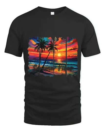 Summer Vibes Tropical Sunset Beach Art Graphic Tee Shirt - black t-shirt on white background